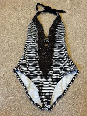 Mossimo Black and White Striped Crochet Trim Plunge One Piece Swimsuit